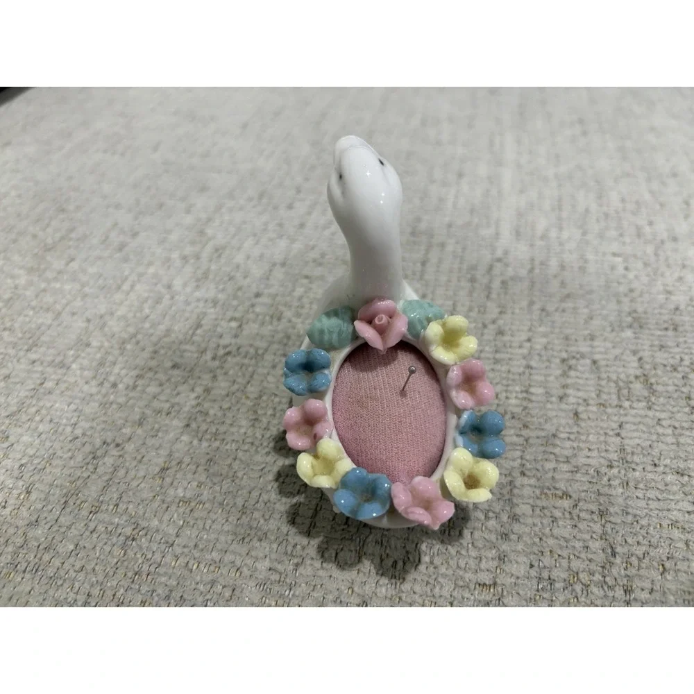 Vintage Bone China Swan Pin Cushion Floral - Picture 2 of 4